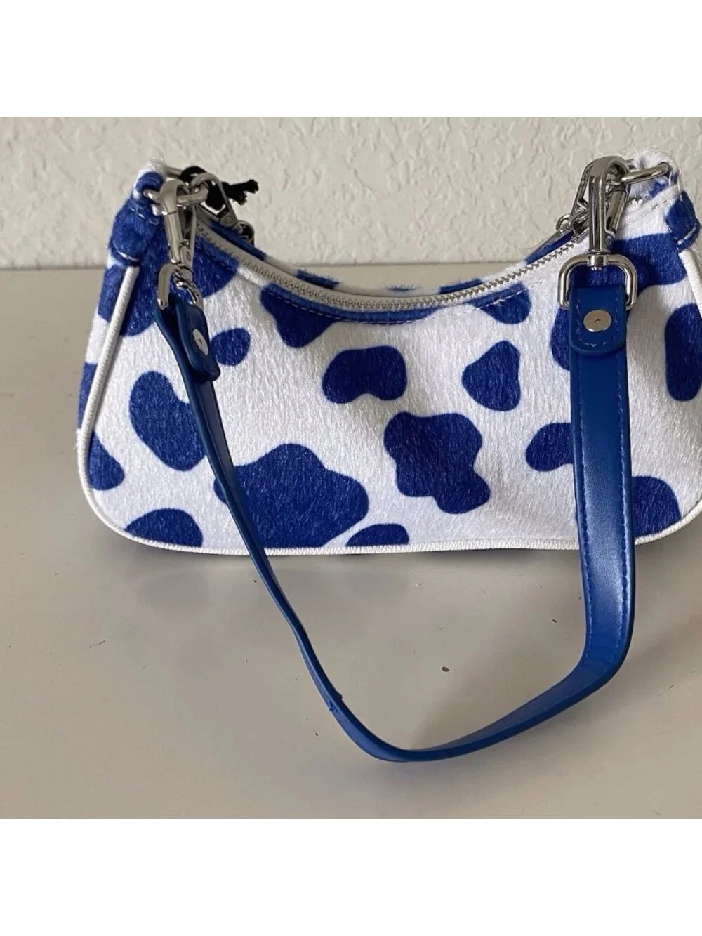Von Dutch Vegan Pony Hair Blue Cow‎ Print Shoulder Bag W/Charms NEW